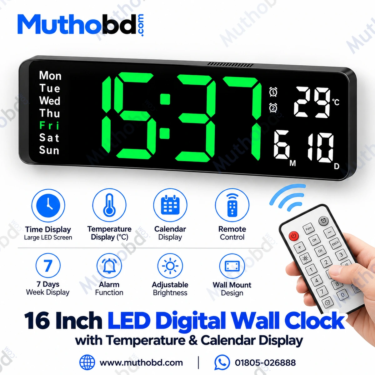 16 Inch LED Digital Wall Clock with Temperature & Calendar Display