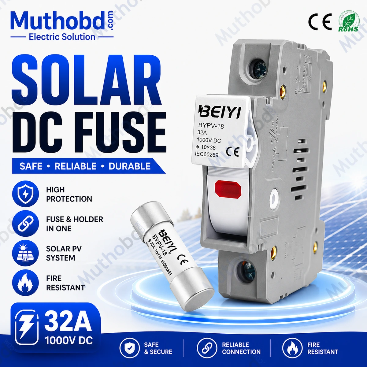 BEIYI 1000VDC 15A-32A PV Solar Ceramic DC Fuse Link & Holder for Solar System Protection