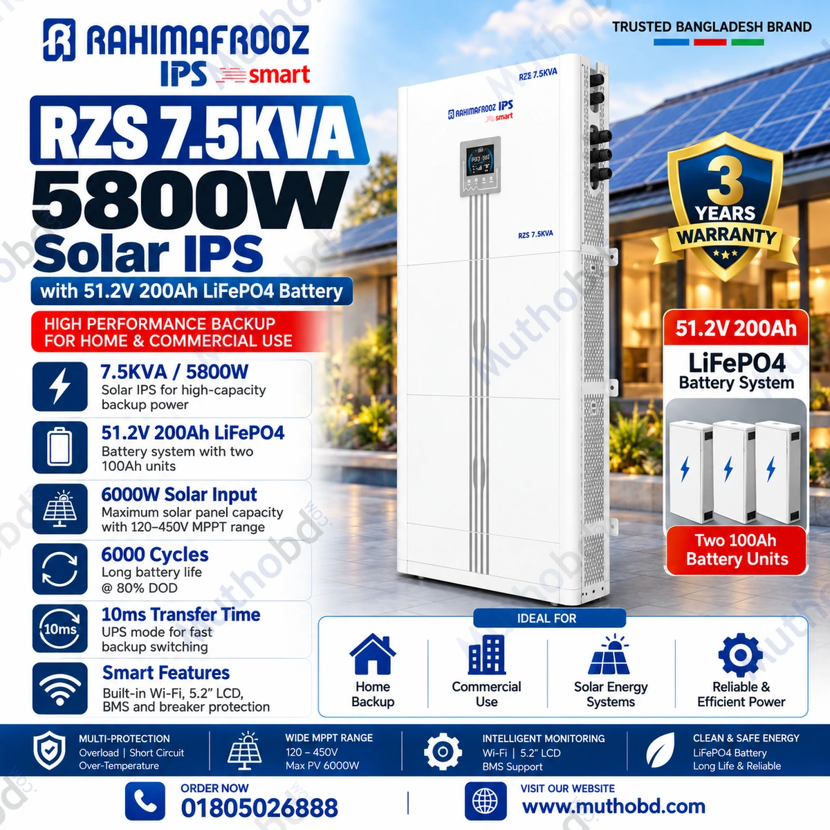 rahimafrooz Rahimafrooz RZS 7.5KVA 5800W Solar IPS with 51.2V 200Ah LiFePO4 Battery