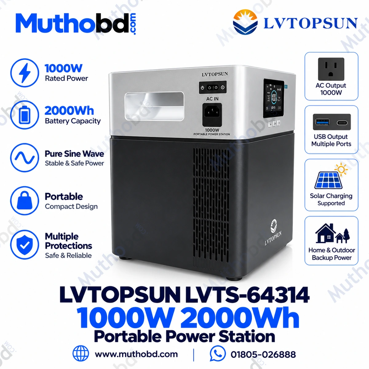 LVTOPSUN 1000W 2000Wh Portable Power Station LVTS-64314