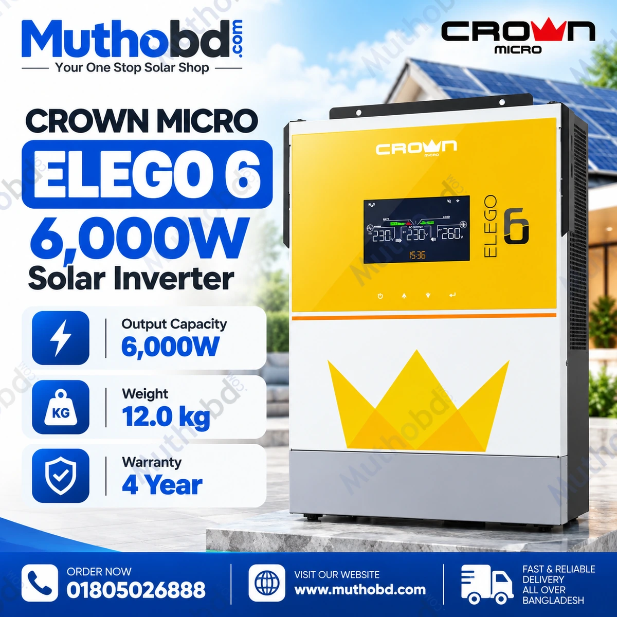 Crown Micro Elego EOI-VI-6KW 6kW 48V MPPT Solar Hybrid Inverter – Grid Feed-in, Dual Output