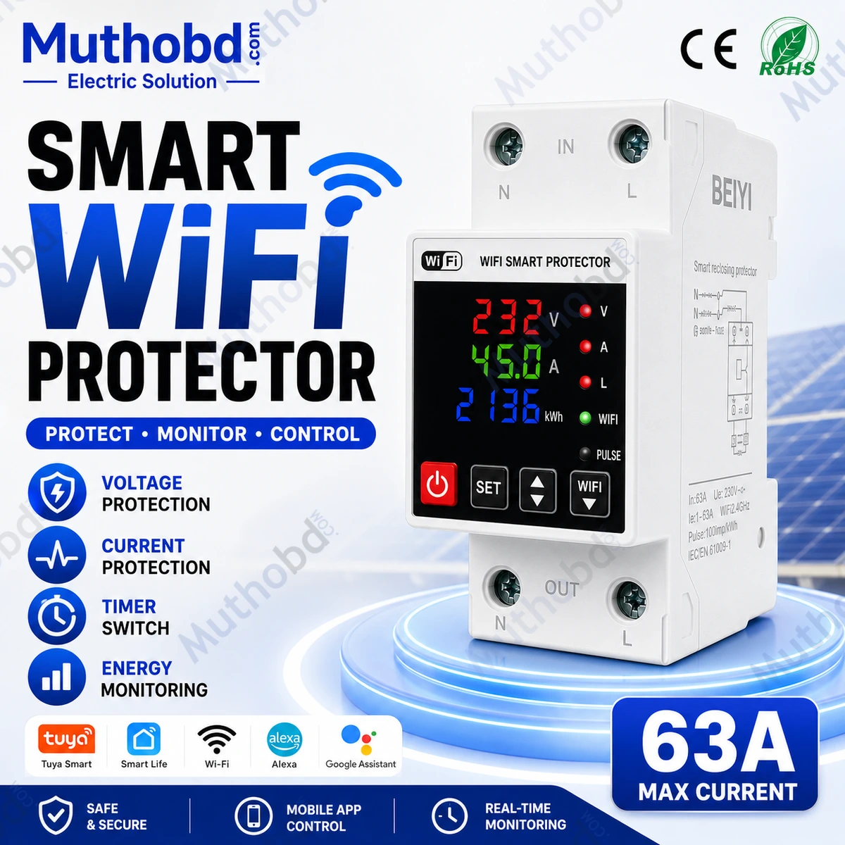 BEIYI Tuya Smart WiFi Circuit Breaker 63A 1P+N with kWh Meter & Leakage Protection