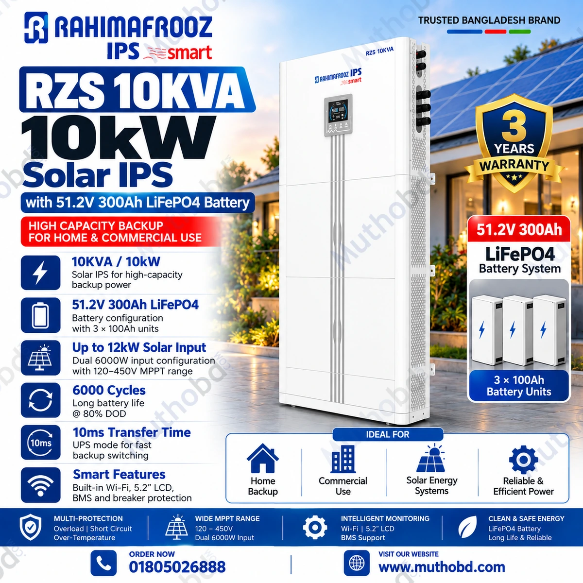 Rahimafrooz RZS 10KVA 10kW Solar IPS with 51.2V 300Ah LiFePO4 Battery