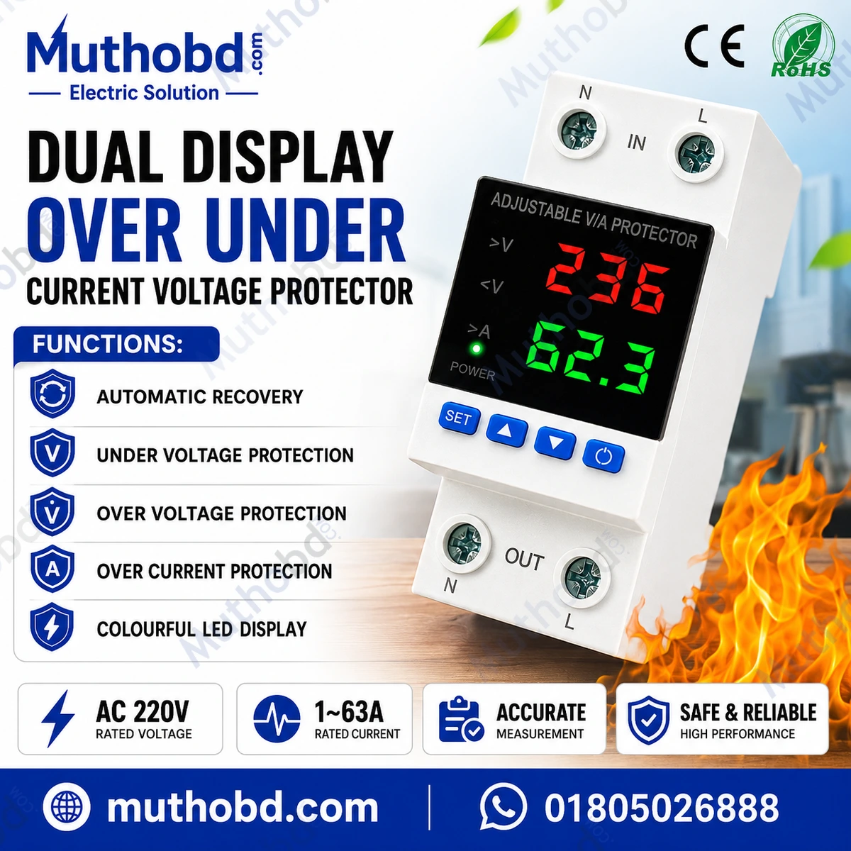 BEIYI Smart WiFi Voltage Protector 63A with kWh Meter & Digital Display