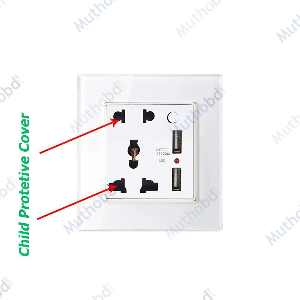 other 5 Pin 13A Universal Socket with Dual USB Ports, Tempered Glass Frame – White | Model 5P13AU2Sw — image 2