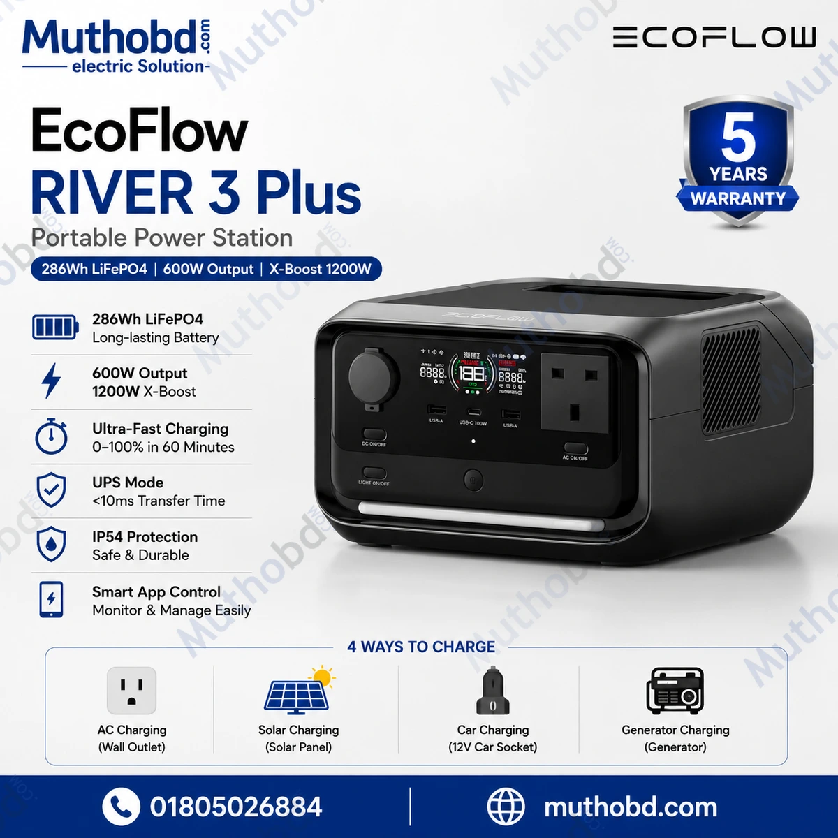 EcoFlow RIVER 3 Plus Portable Power Station (286Wh LiFePO4 Battery, 600W Output, X-Boost 1200W)