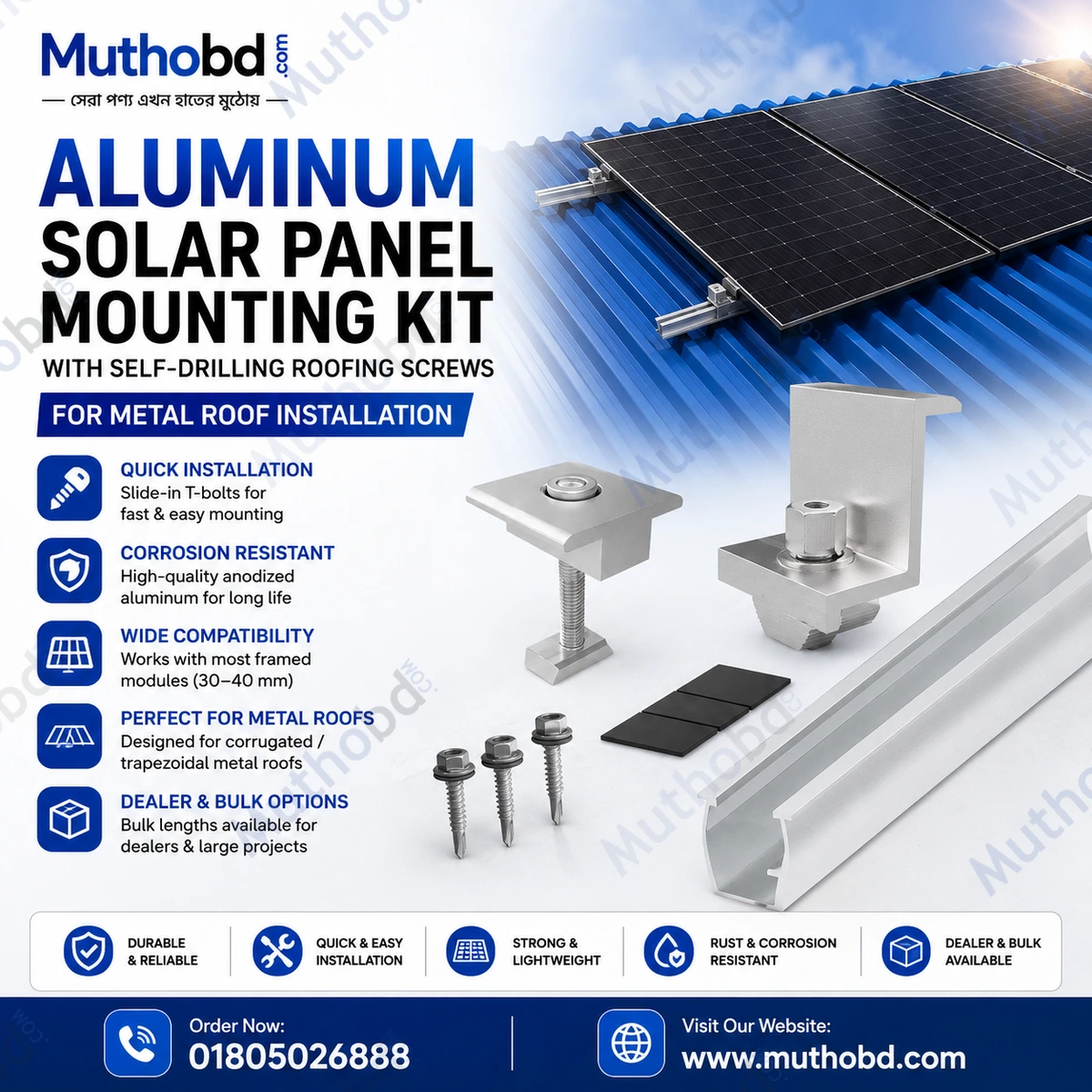 Aluminum Solar Panel Mounting Kit with Self-Drilling Roofing Screws for Metal Roof