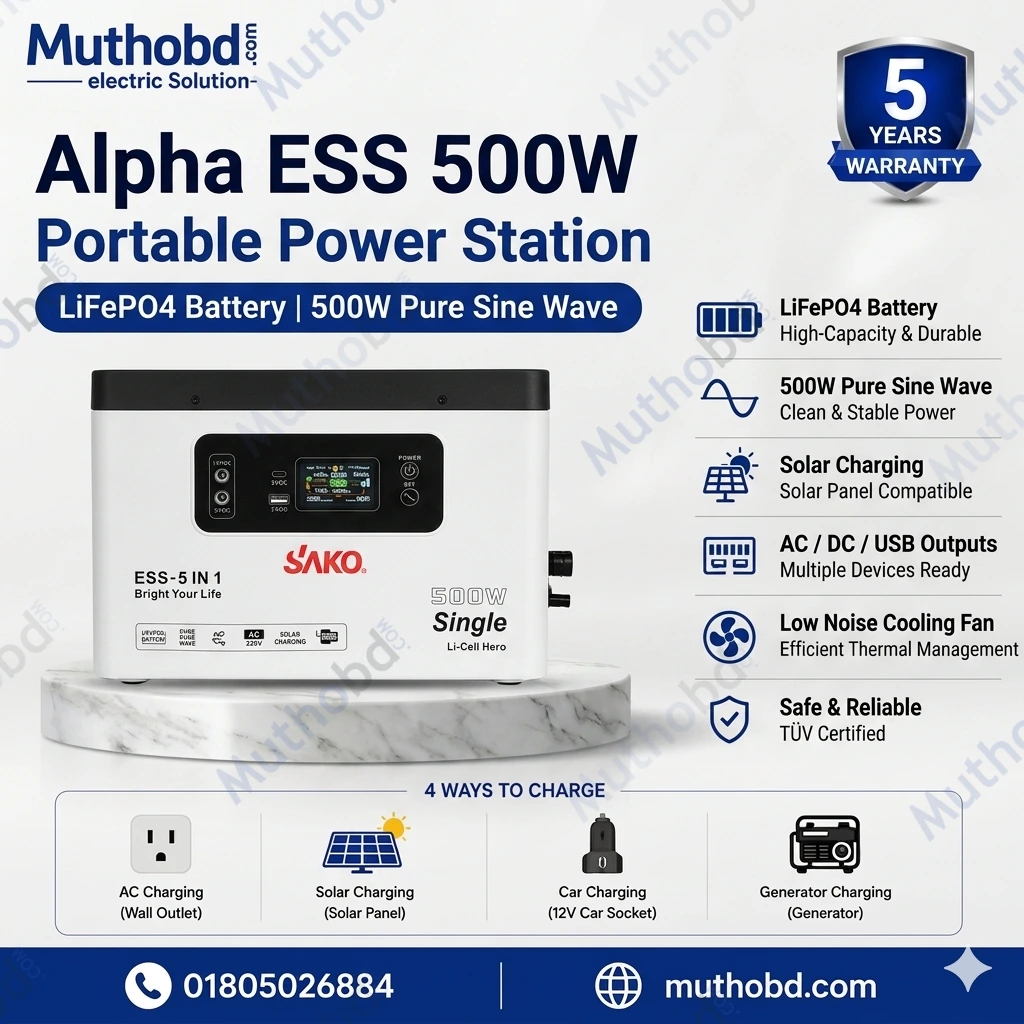 SAKO Alpha W ESS 500W Portable Power Station (1004.8Wh LiFePO4 Battery, 500W Pure Sine Wave Output)