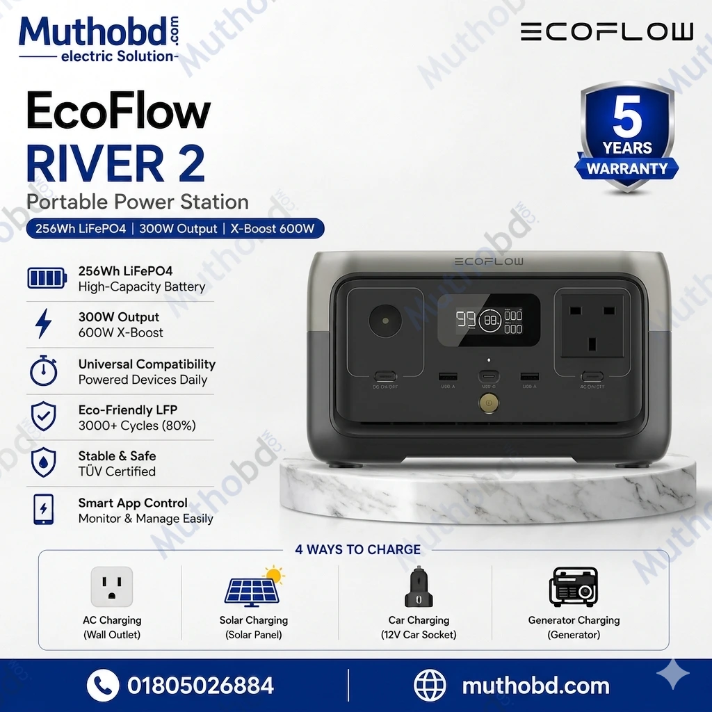 EcoFlow RIVER 2 Portable Power Station (256Wh LFP Battery, 300W Output, 600W X-Boost)
