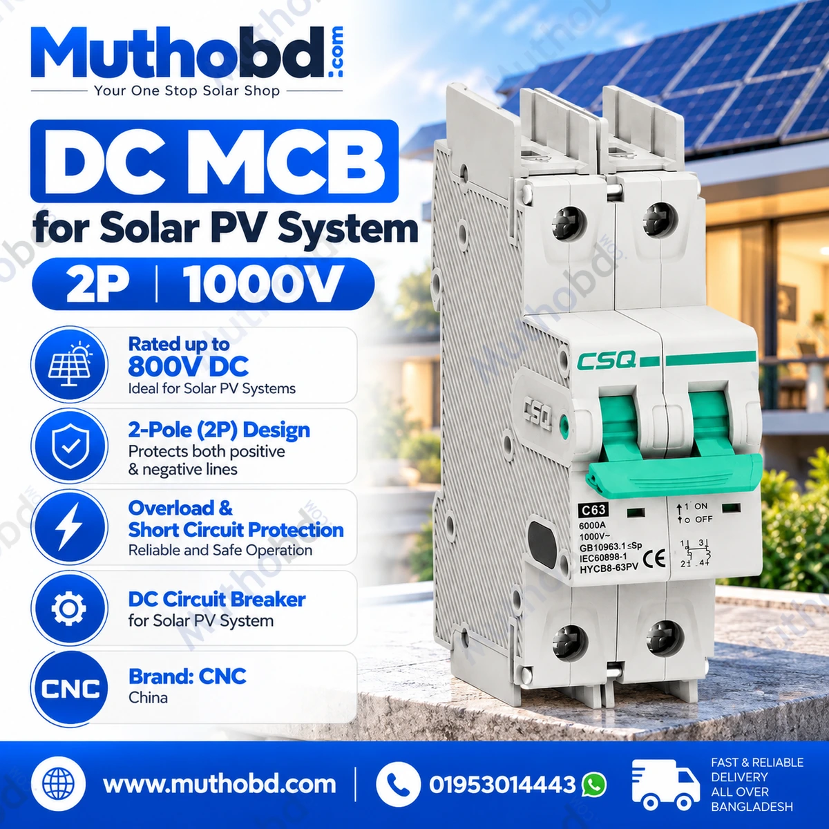 CNC 2P 800V DC MCB Solar PV Circuit Breaker for Overload and Short Circuit Protection