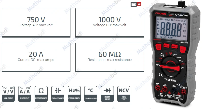 crown tools CROWN CT44052 Digital Multimeter 750V AC, 1000V DC, 20A Current Tester | MuthoBD — image 2