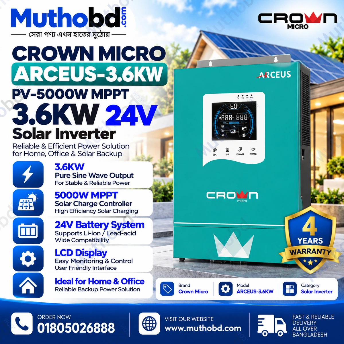 Crown Micro ARCEUS-3.6KW 24V 3.6kW MPPT Solar Inverter – 5000W PV, Dual Output, Wi-Fi & Grid Feed-in