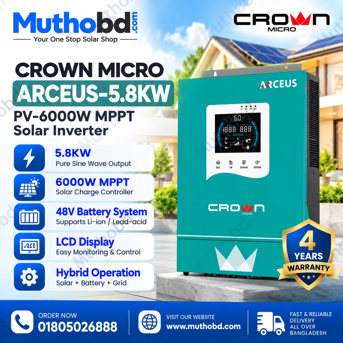 crown Crown Micro ARCEUS-5.8KW 48V 5.8kW MPPT Solar Inverter – 6000W PV, Parallel Support, 4-Year Warranty