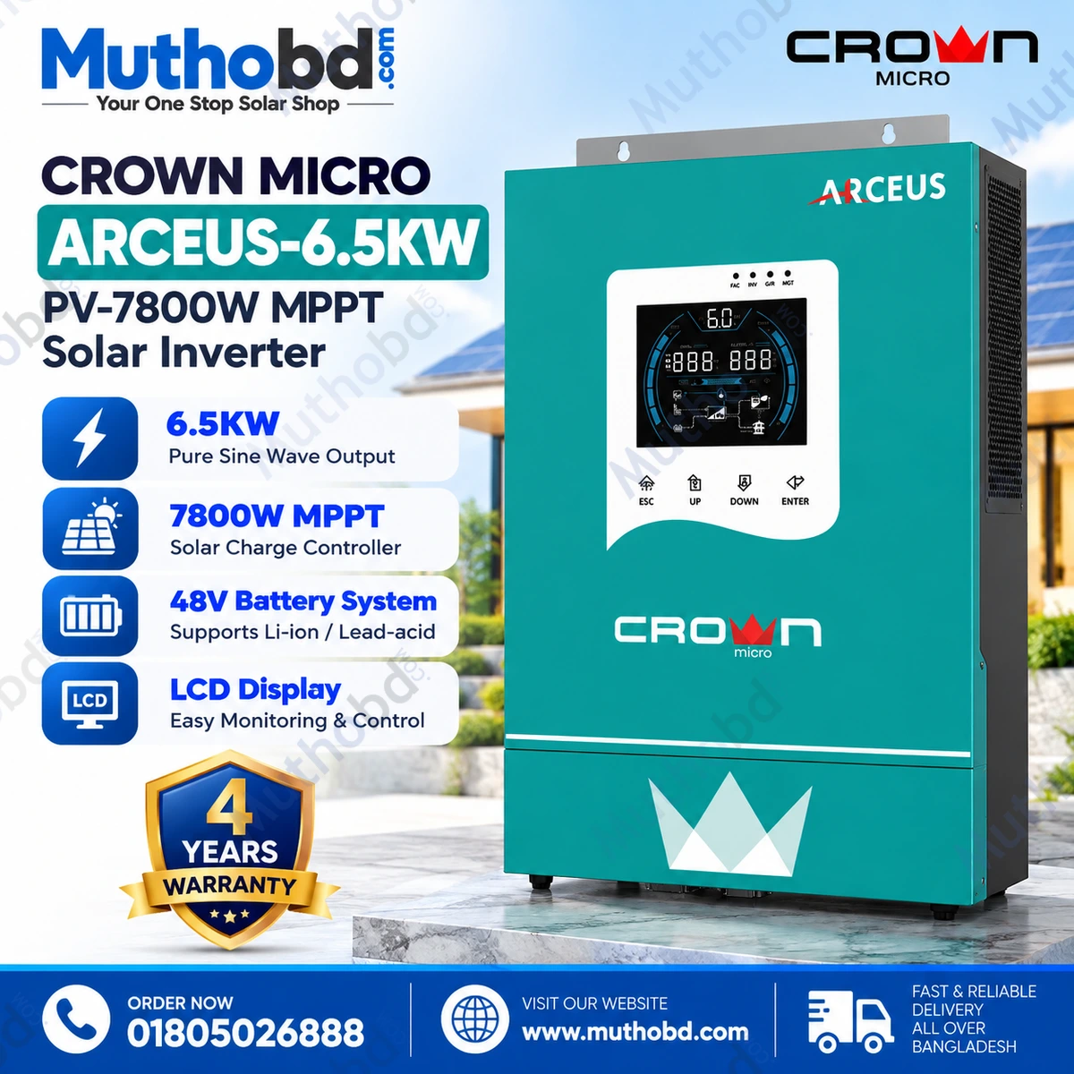 Crown Micro ARCEUS-6.5KW 48V 6.5kW MPPT Solar Inverter – 7800W PV Input, Wi-Fi, Grid Feed-in