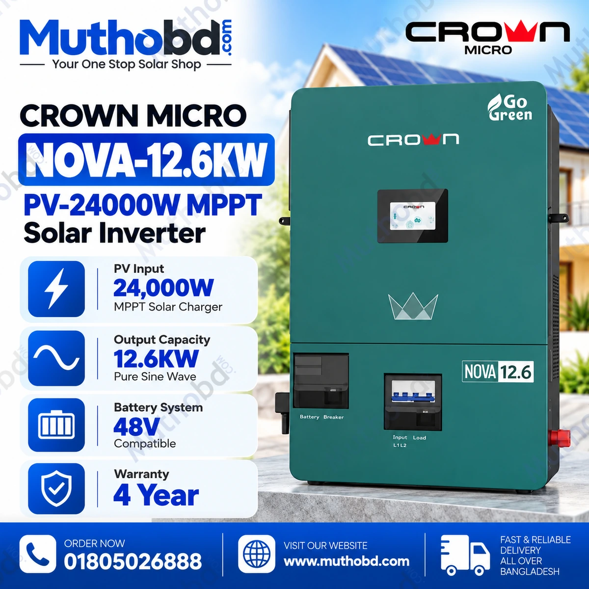 Crown Micro NOVA-12.6KW 48V Hybrid Solar Inverter – 24000W PV Input, Dual MPPT, 4-Year Warranty