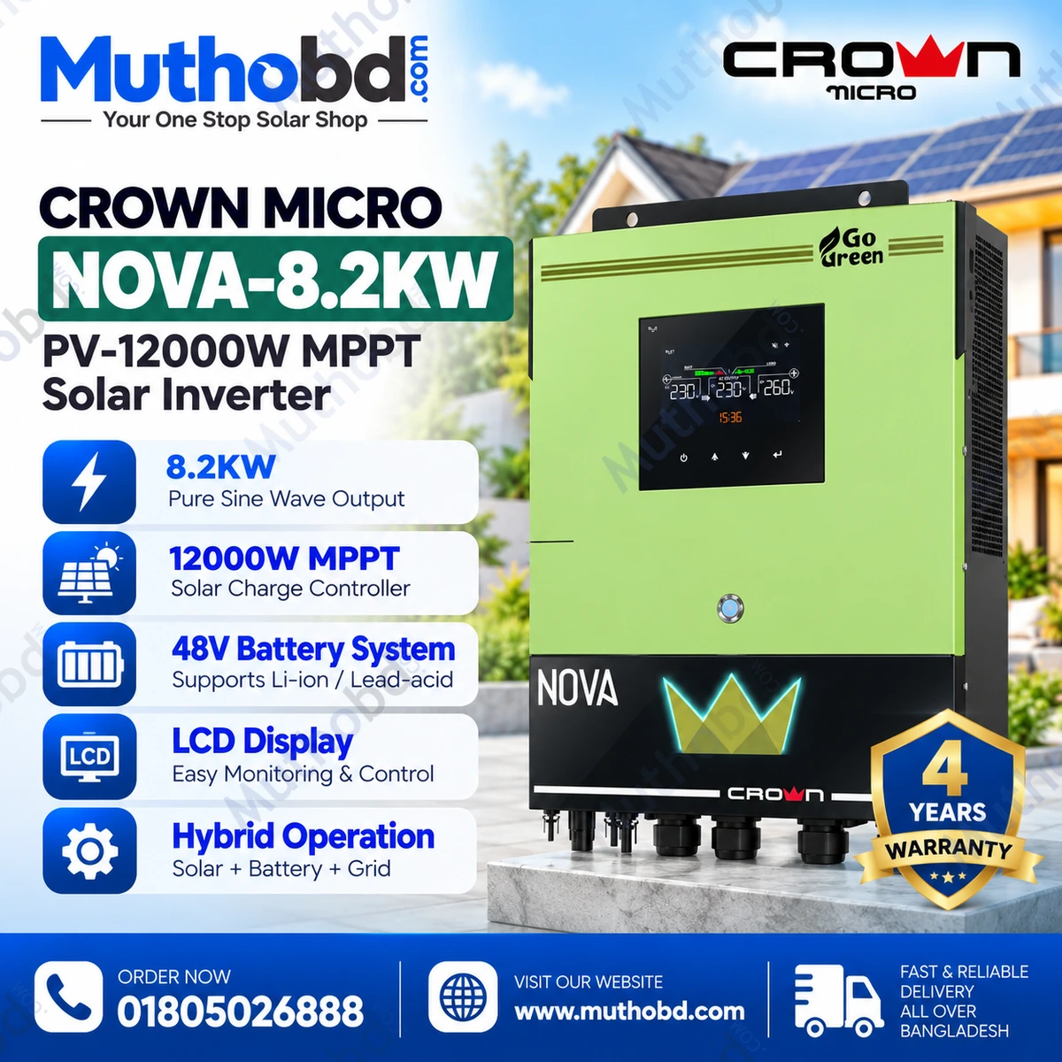 Crown Micro NOVA-8.2KW 48V MPPT Solar Inverter – 12000W PV Input, Dual Smart Load, Wi-Fi