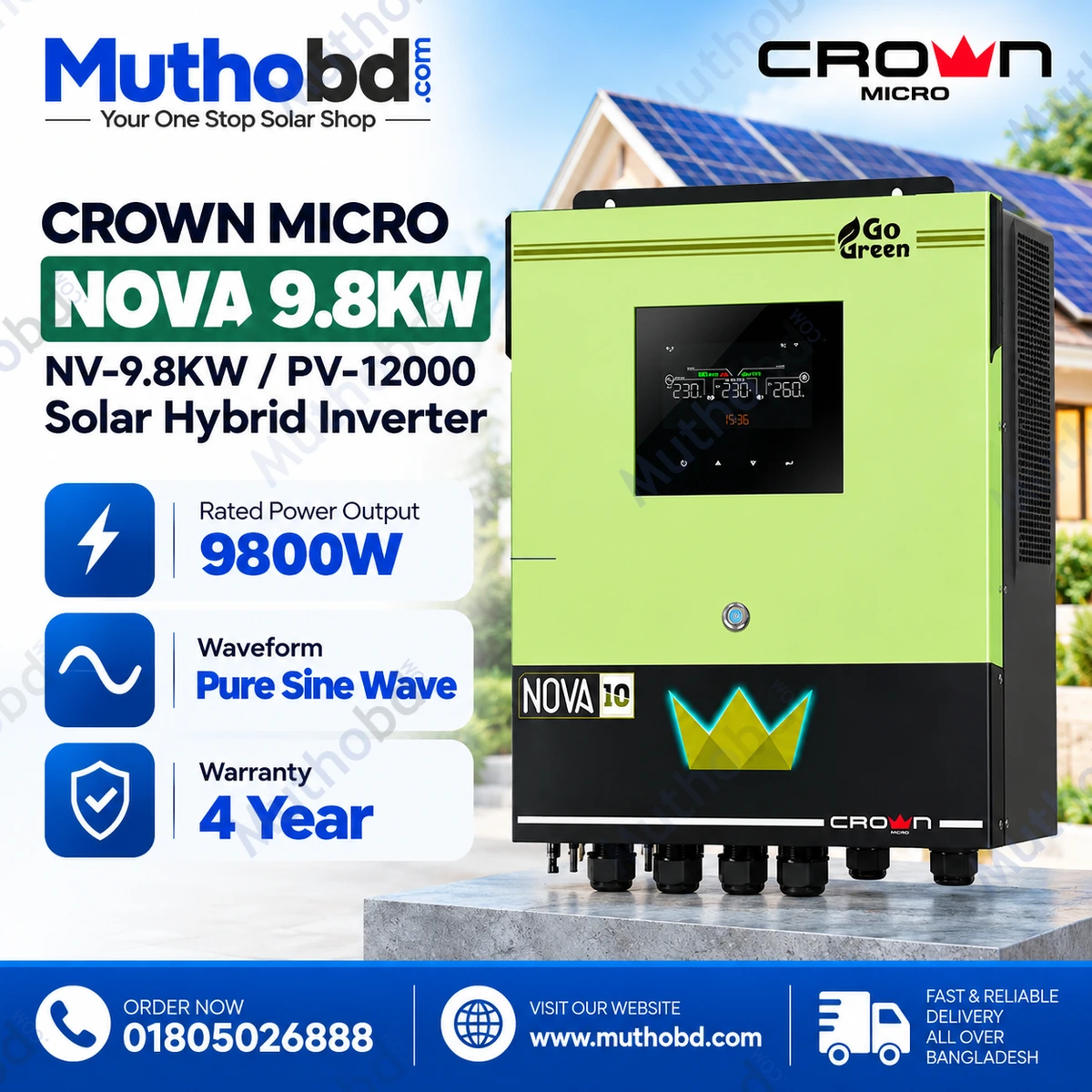 Crown Micro Nova 9.8KW NV-9.8KW / PV-12000 48V MPPT Solar Hybrid Inverter – 9800W Pure Sine Wave