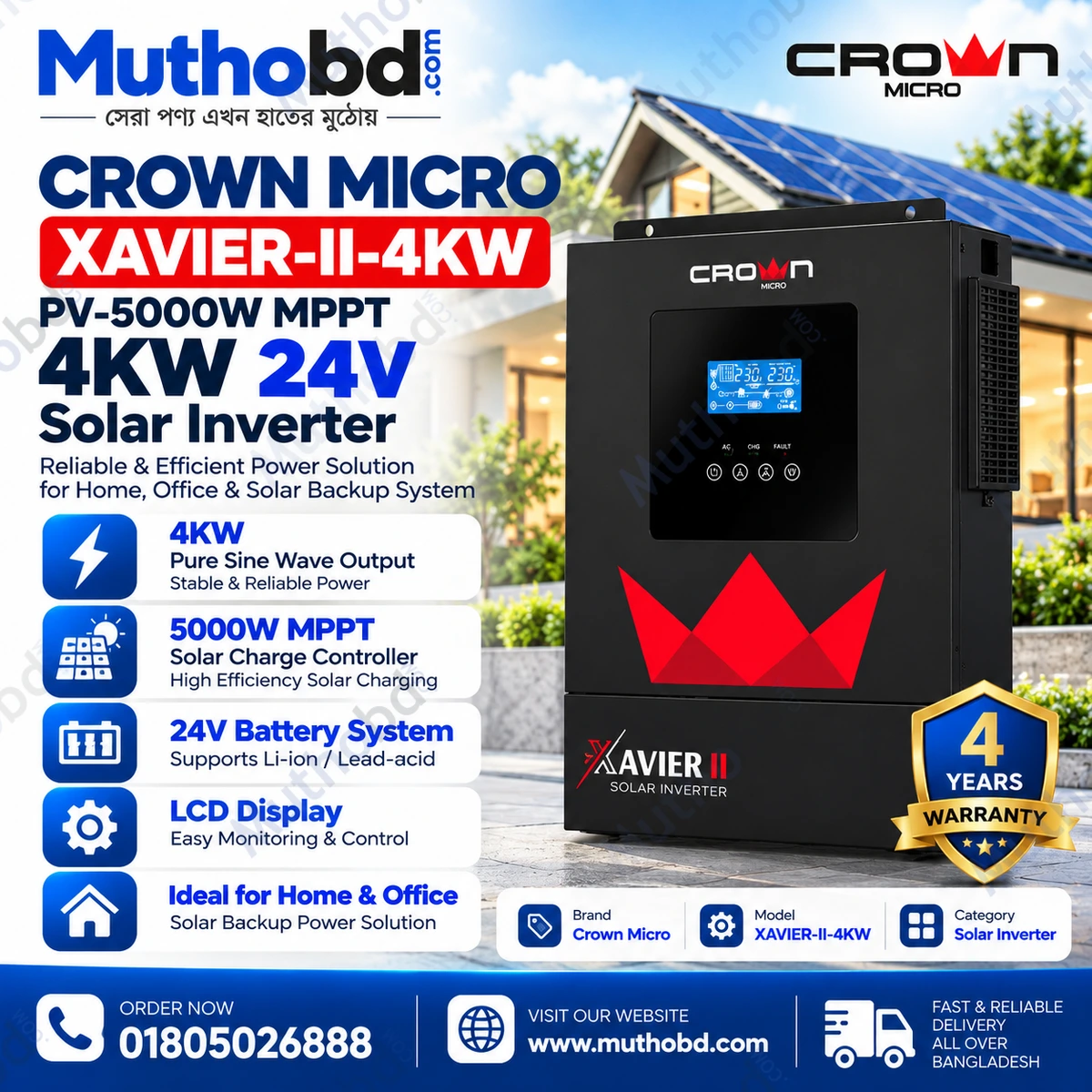 Crown Micro XAVIER-II-4KW 4kW 24V MPPT Solar Inverter – PV-5000W, 93% Efficiency