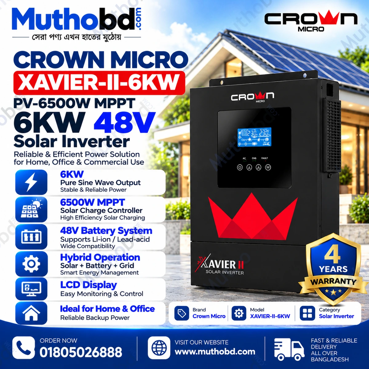 Crown Micro XAVIER-II-6KW 6kW 48V MPPT Solar Inverter – PV-6500W Pure Sine Wave, 4-Year Warranty