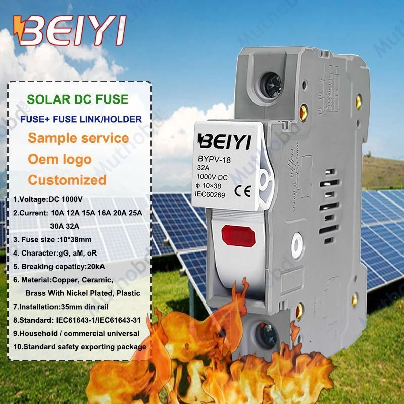 BEIYI 1000VDC 15A-32A PV Solar Ceramic DC Fuse Link & Holder for Solar System Protection