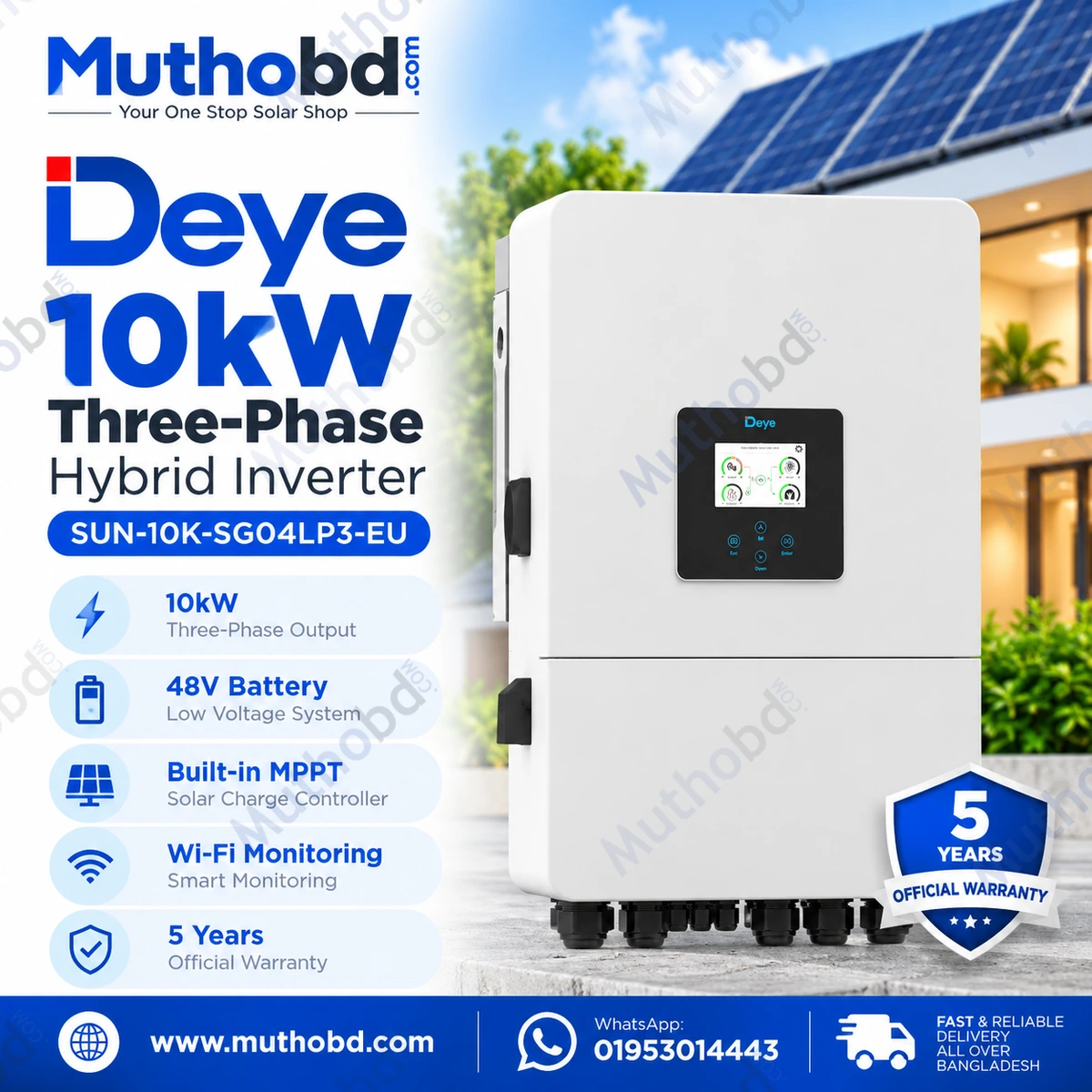 Deye SUN-10K-SG04LP3-EU 10kW Three-Phase Hybrid Solar Inverter 48V 210A