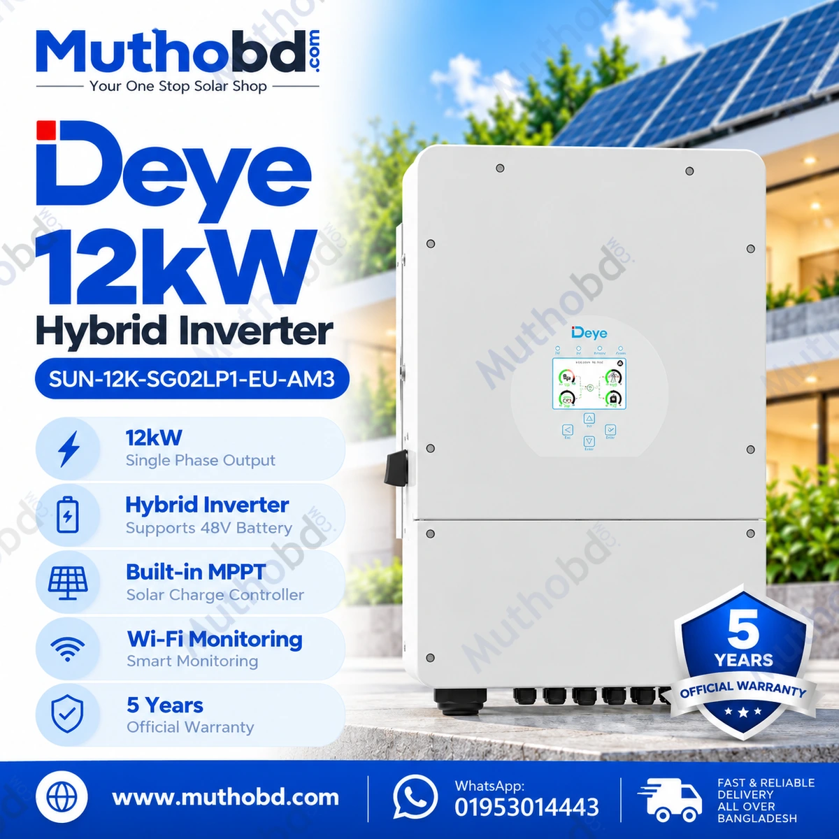 Deye SUN-12K-SG02LP1-EU-AM3 12kW Single-Phase Hybrid Solar Inverter 250A