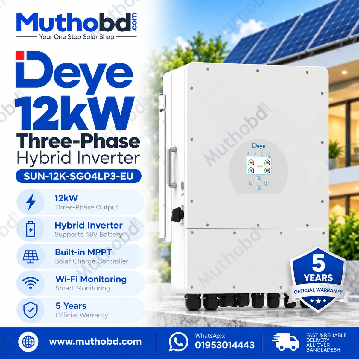 Deye SUN-12K-SG04LP3-EU 12kW Three-Phase Hybrid Solar Inverter 240A