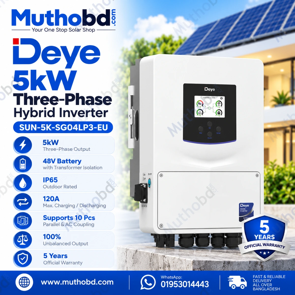 Deye SUN-5K-SG04LP3-EU 5kW Three-Phase Hybrid Solar Inverter 48V