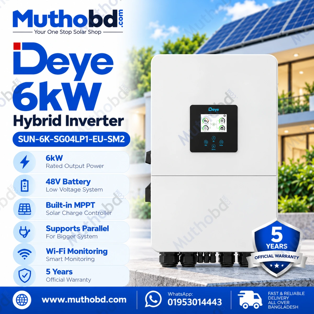Deye SUN-6K-SG04LP1-EU-SM2 6kW Single Phase Hybrid Solar Inverter with Wi-Fi