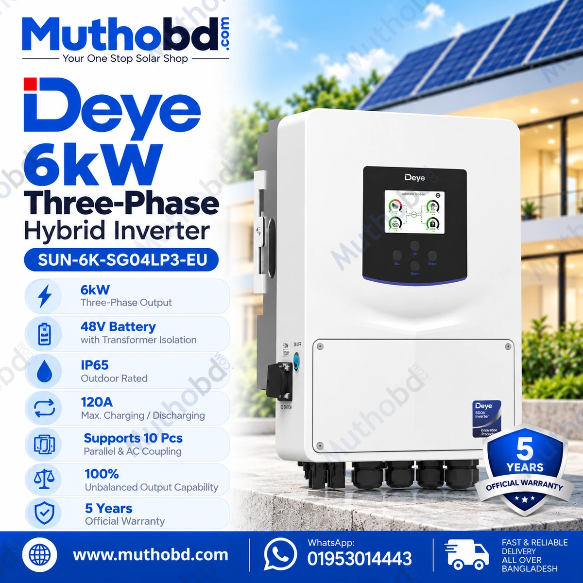 Deye SUN-6K-SG04LP3-EU 6kW Three-Phase Hybrid Solar Inverter 48V 150A