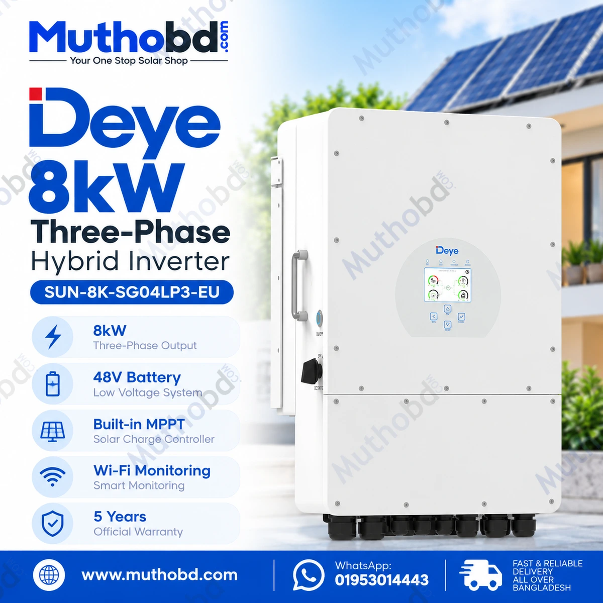 Deye SUN-8K-SG04LP3-EU 8kW Three-Phase Hybrid Solar Inverter 48V 190A