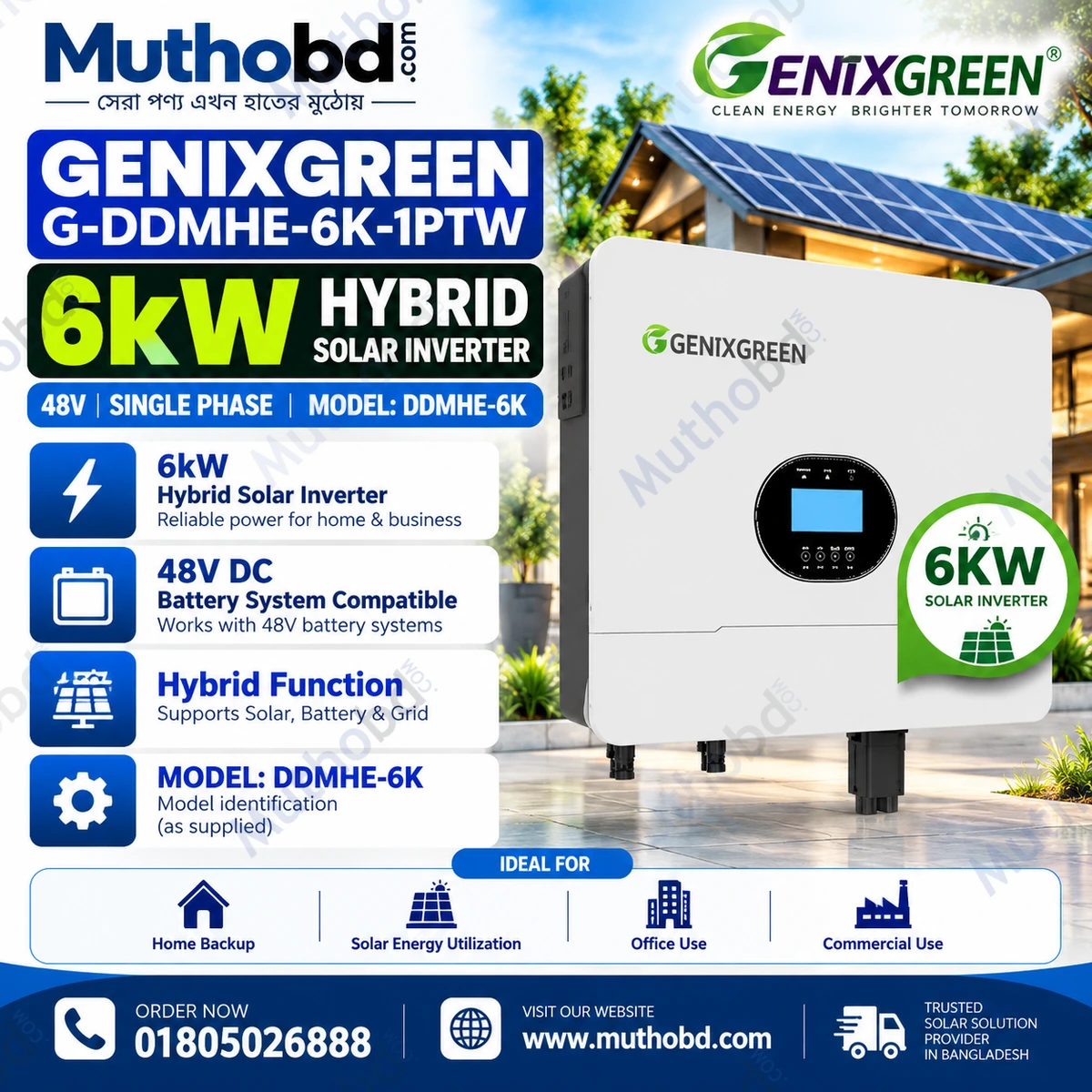 genixgreen GenixGreen G-DDMHE-6K-1PTW 6kW Hybrid Solar Inverter 48V