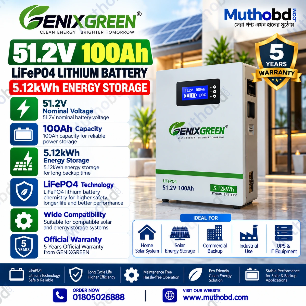 genixgreen GENIXGREEN 51.2V 100Ah 5.12kWh LiFePO4 Lithium Battery