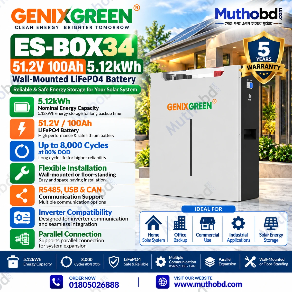 GENIXGREEN ES-BOX34 51.2V 100Ah 5.12kWh Wall-Mounted LiFePO4 Battery