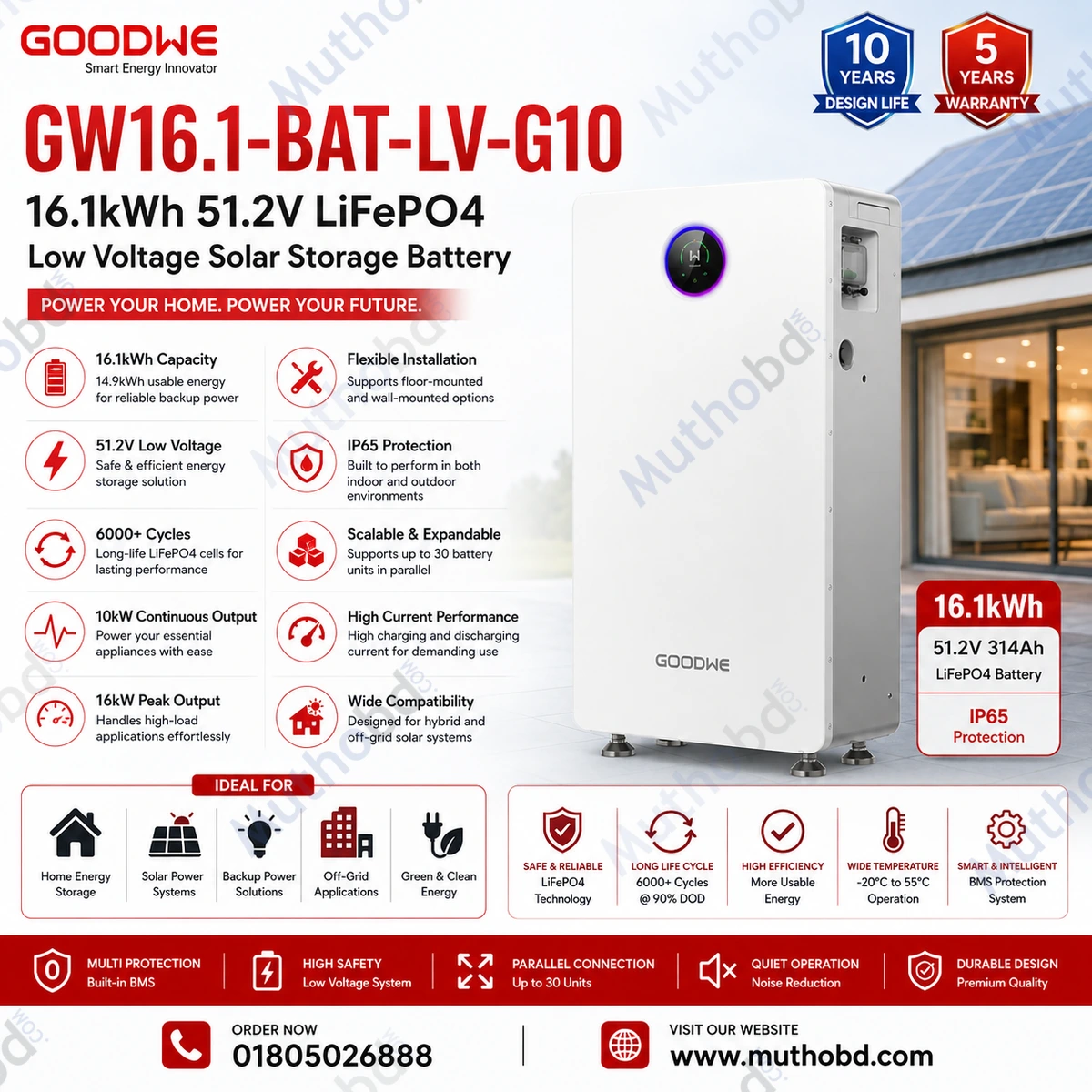 GoodWe GW16.1-BAT-LV-G10 16.1kWh 51.2V LiFePO4 Low Voltage Solar Storage Battery