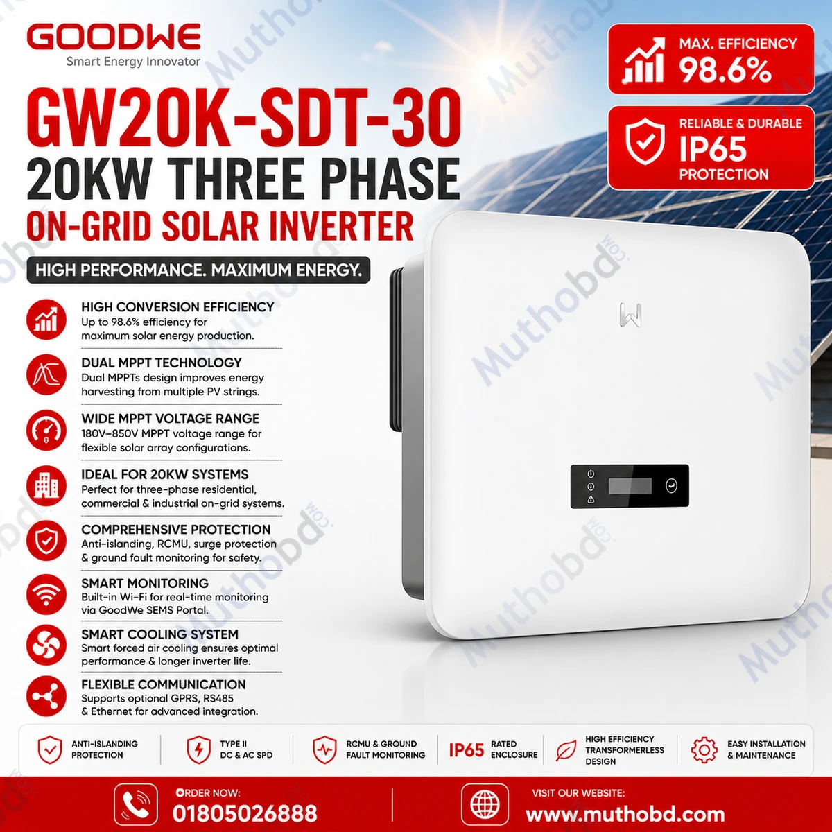 GoodWe GW20K-SDT-30 20KW Three Phase On-Grid Solar Inverter