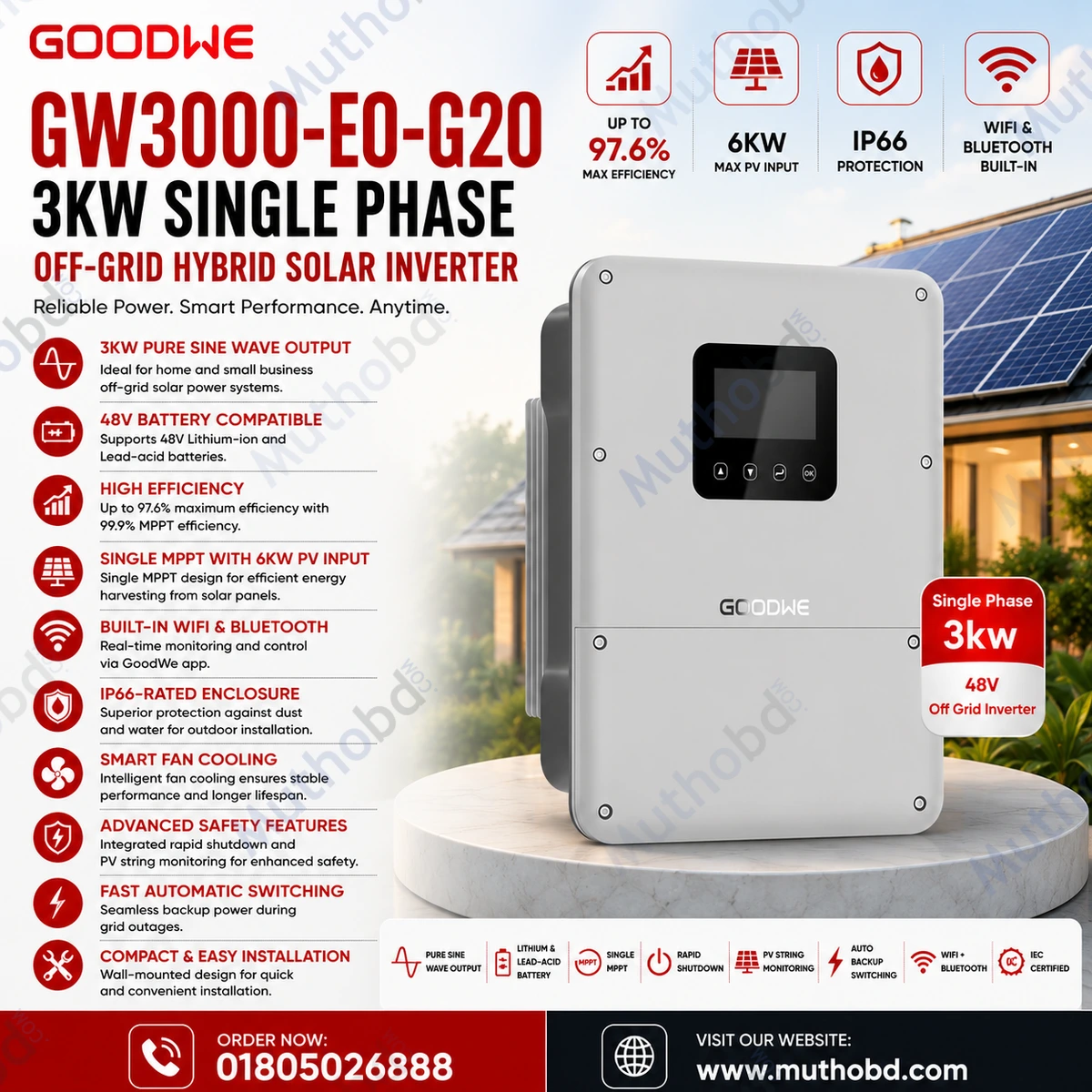 GoodWe GW3000-EO-G20 3KW Single Phase Off-Grid Hybrid Solar Inverter (48V)