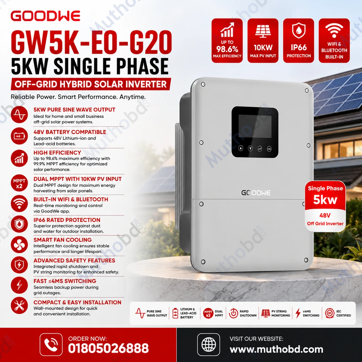 GoodWe GW5K-EO-G20 5KW Single Phase Off-Grid Hybrid Solar Inverter (48V)