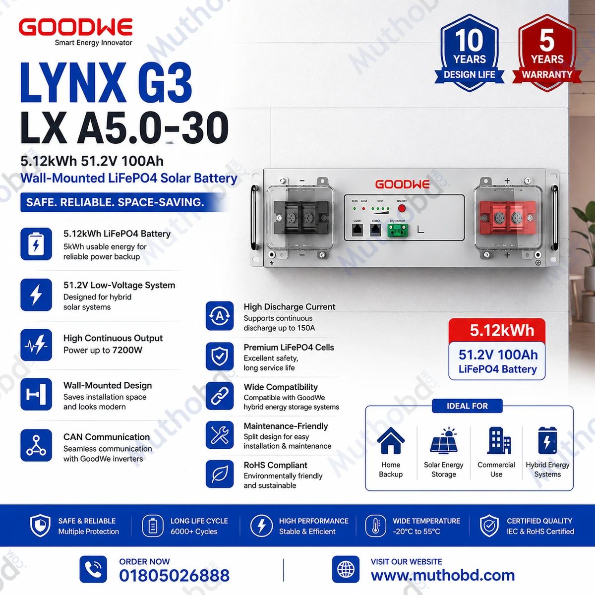 GoodWe Lynx G3 LX A5.0-30 5.12kWh 51.2V 100Ah Wall-Mounted LiFePO4 Solar Battery