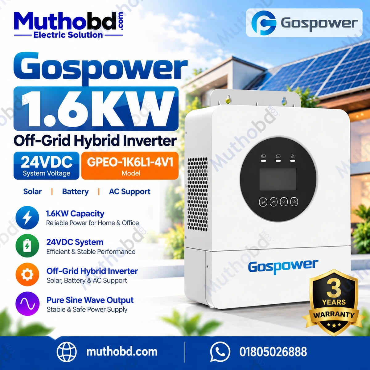 Gospower 1.6KW Off Hybrid Solar Inverter 24VDC | GPEO-1K6L1-4V1