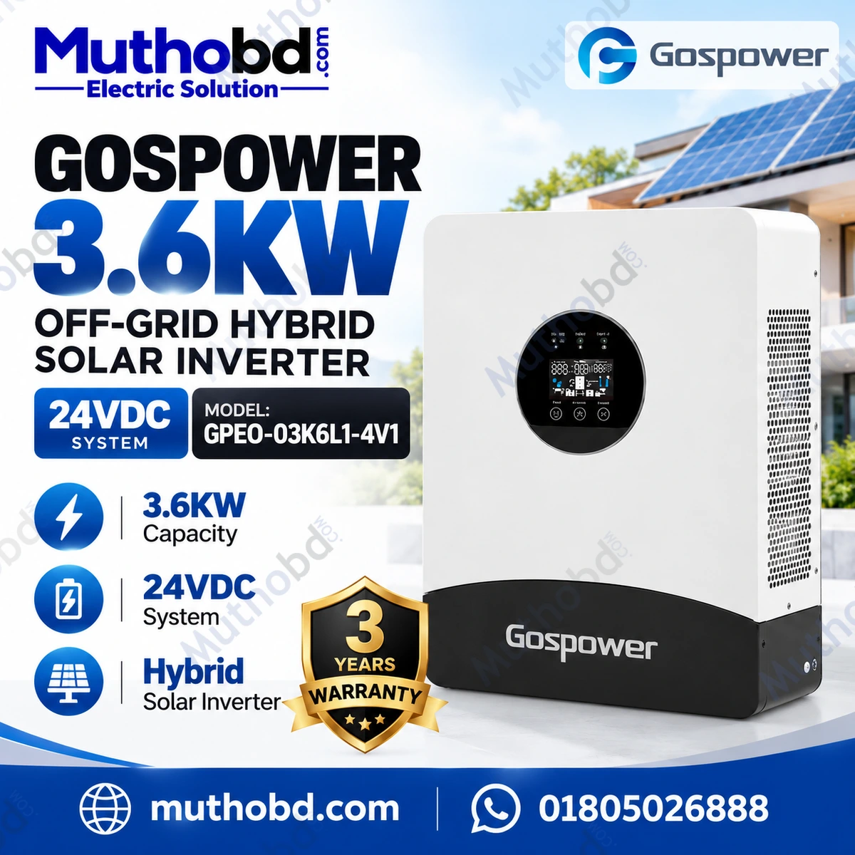 Gospower 3.6KW OFF Grid Hybrid Solar Inverter 24V 4500W PV Input | GPEO-3K6L1-4V1