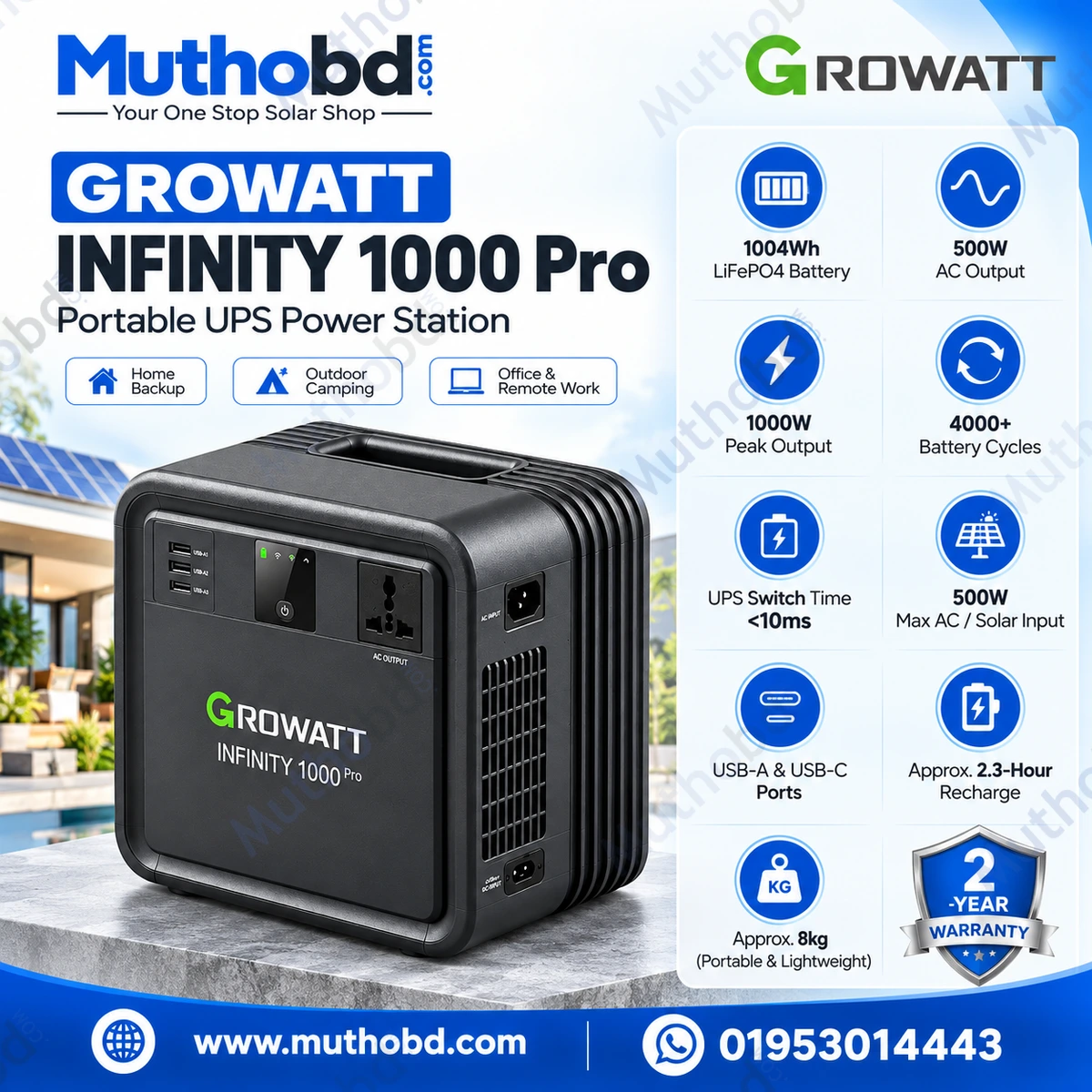 Growatt INFINITY 1000 Pro 1004Wh LiFePO4 Portable UPS Power Station 500W