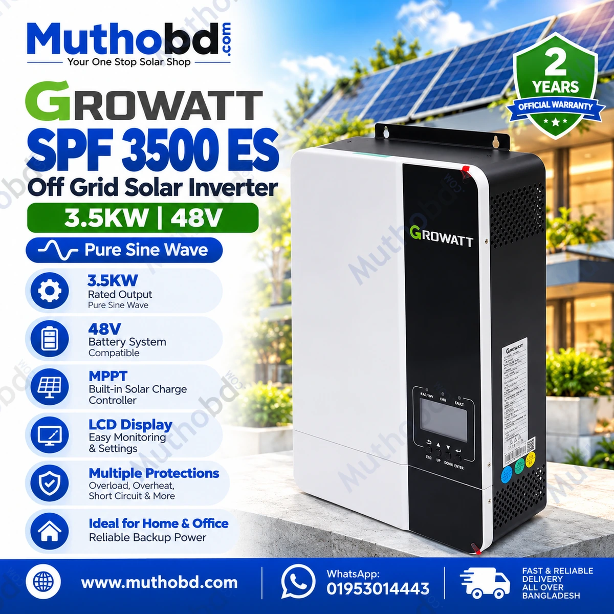 Growatt SPF 5000 ES 5kW Off-Grid Hybrid Solar Inverter for Home and Commercial Use