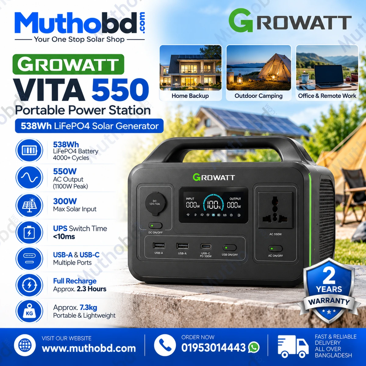 Growatt VITA 550 Portable Power Station 538Wh LiFePO4 600W Solar Generator