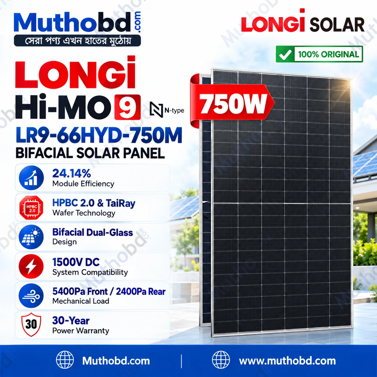 LONGi 750W Hi-MO 9 LR9-66HYD-750M Bifacial Solar Panel – 24.14% Efficiency