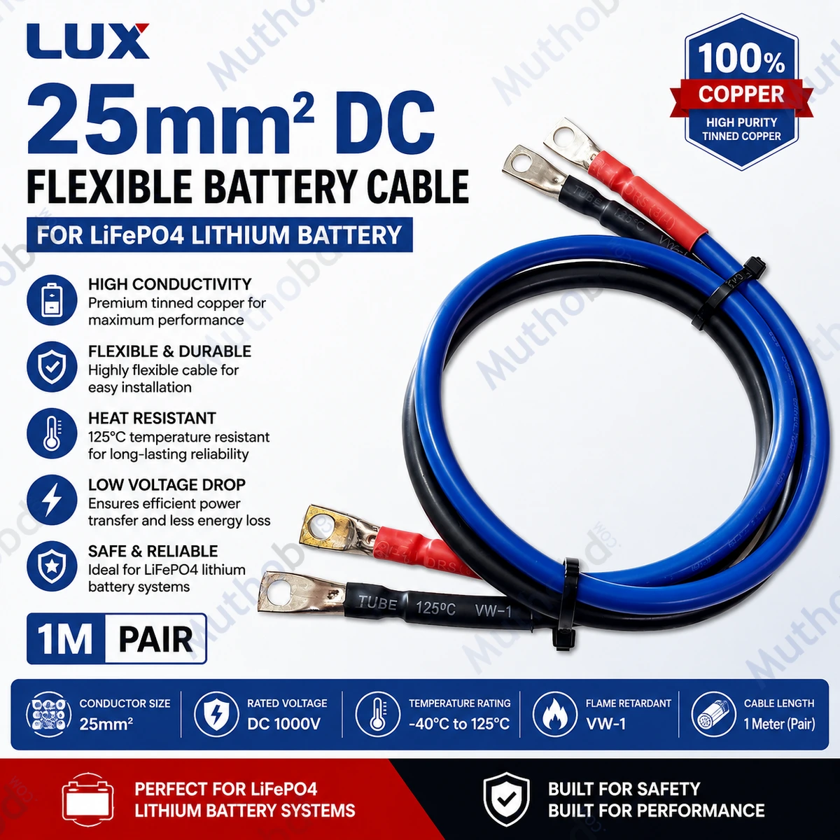 LUX 25mm² DC Flexible Battery Cable for LiFePO4 Lithium Battery - - 1M Pair