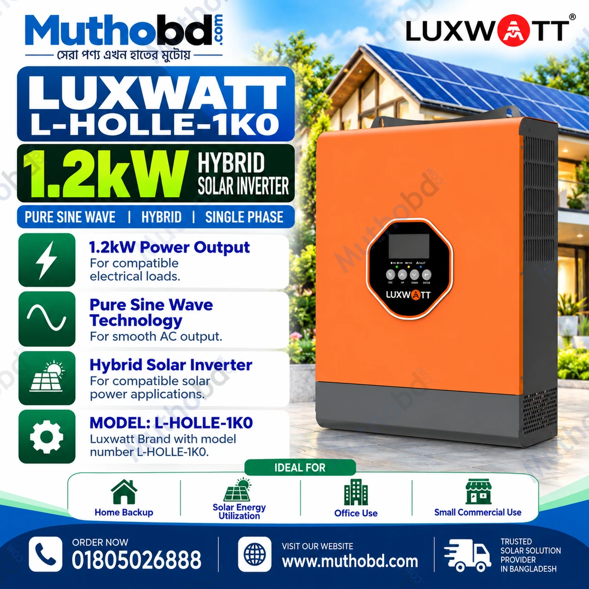 Luxwatt L-HOLLE-1K0 1.2kW Pure Sine Wave Hybrid Solar Inverter
