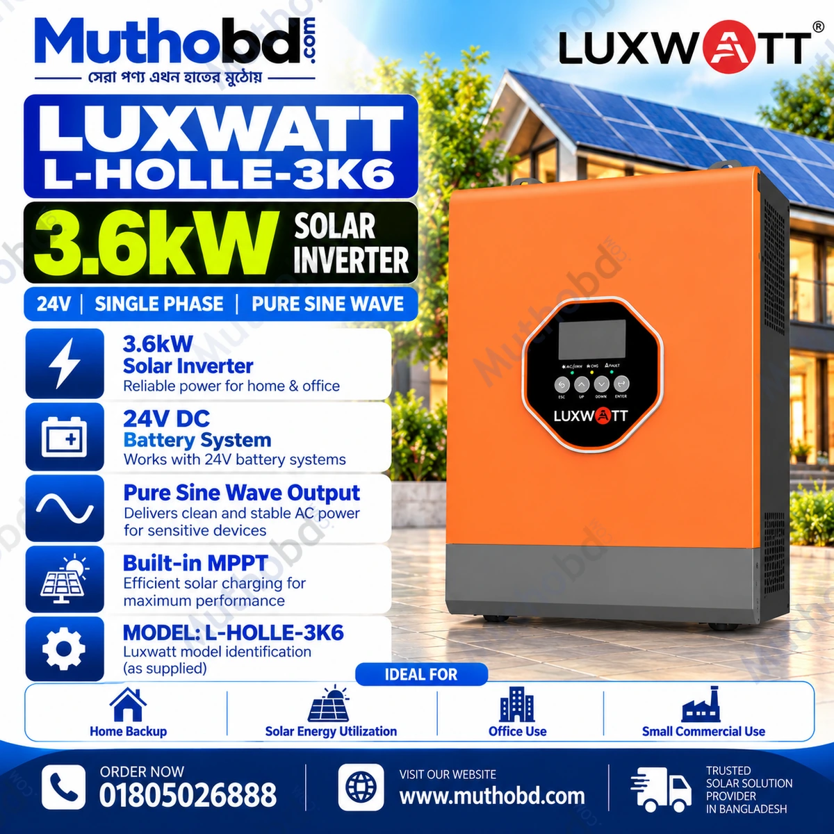 Luxwatt L-HOLLE-3K6 3.6kW 24V Single-Phase Pure Sine Wave Solar Inverter