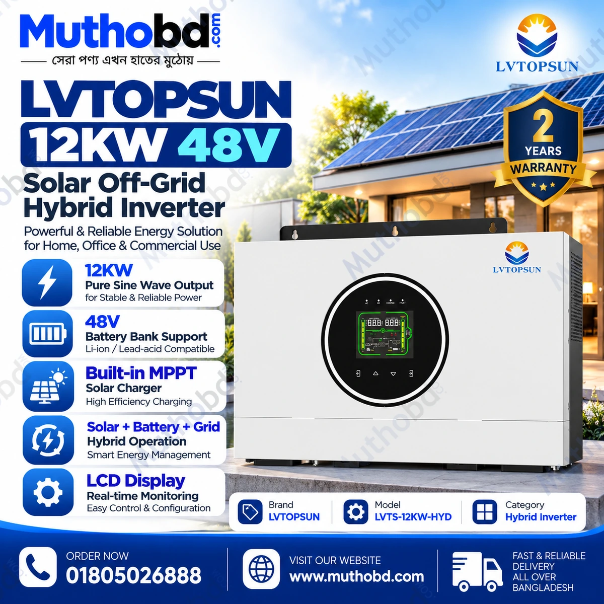 LVTOPSUN 12KW 48V Solar Off-Grid Hybrid Inverter – 12000W Pure Sine Wave with MPPT Solar Charger