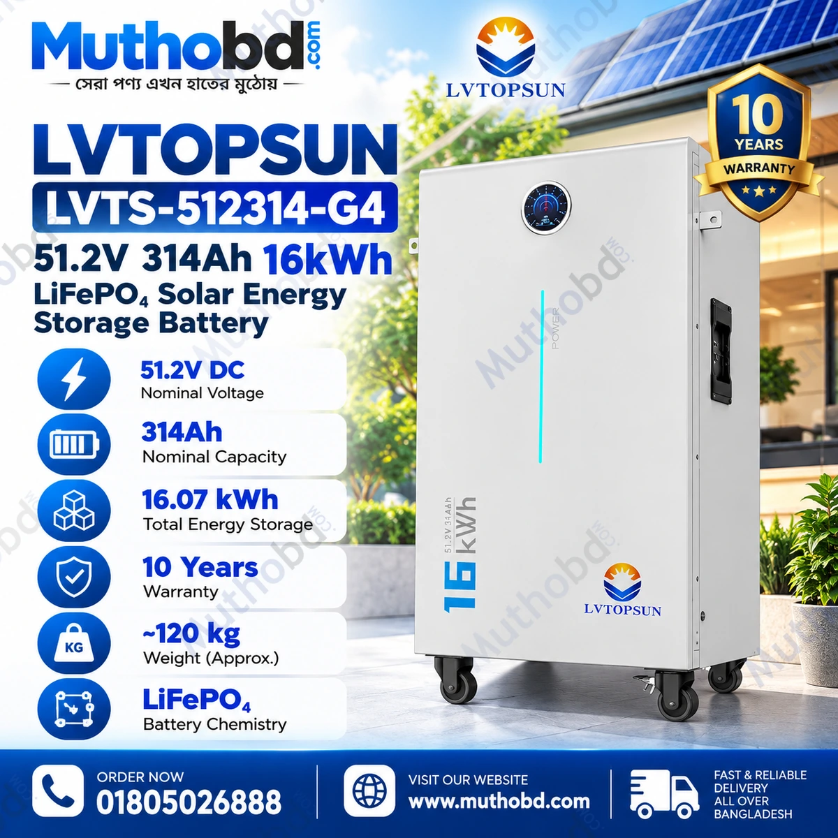 LVTOPSUN G4 51.2v 314A 16 kWh LiFePO4 Solar Energy Storage Battery